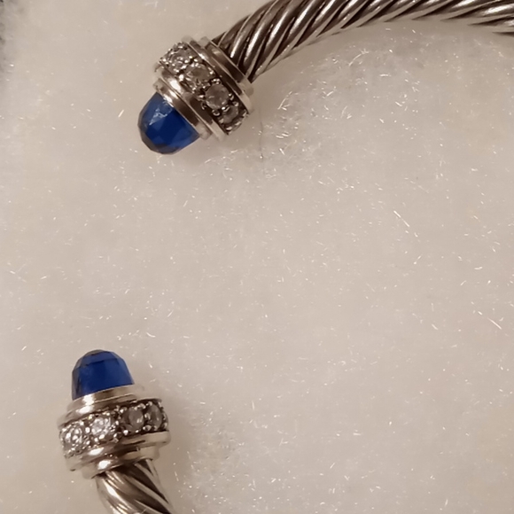 Twisted cable cuff sterling bracelet with blue sapphire gems & pave cz - Picture 8 of 12